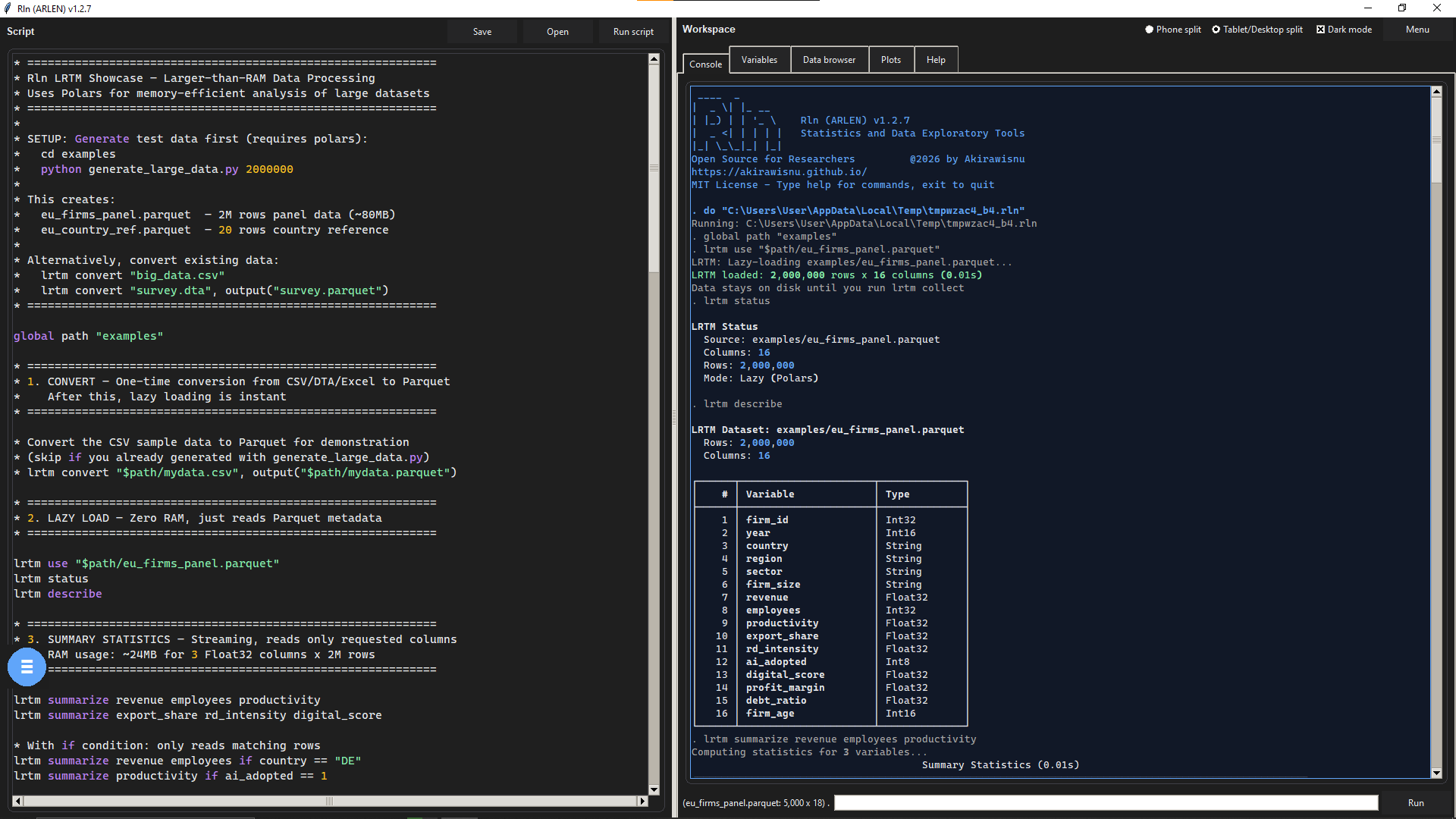 Rln desktop GUI streaming a 2-million-row Parquet with the script editor and console side by side